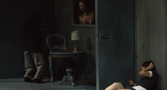 Un danseuse habillée en femme de ménage est adossé à un mur, on dirait se soutient la tête comme si elle s'était fait mal. Par une fenêtre, on aperçoit le buste d'une danseuse, l'encadrement de la fenêtre fait penser à un tableau figé.