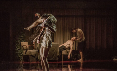 Au premier plan un couple de danseurs fait un porté, ils sont en sous-vêtement. En arrière plan, on voit un salon dans lequel une femme masse la tête d'un danseur torse nu.